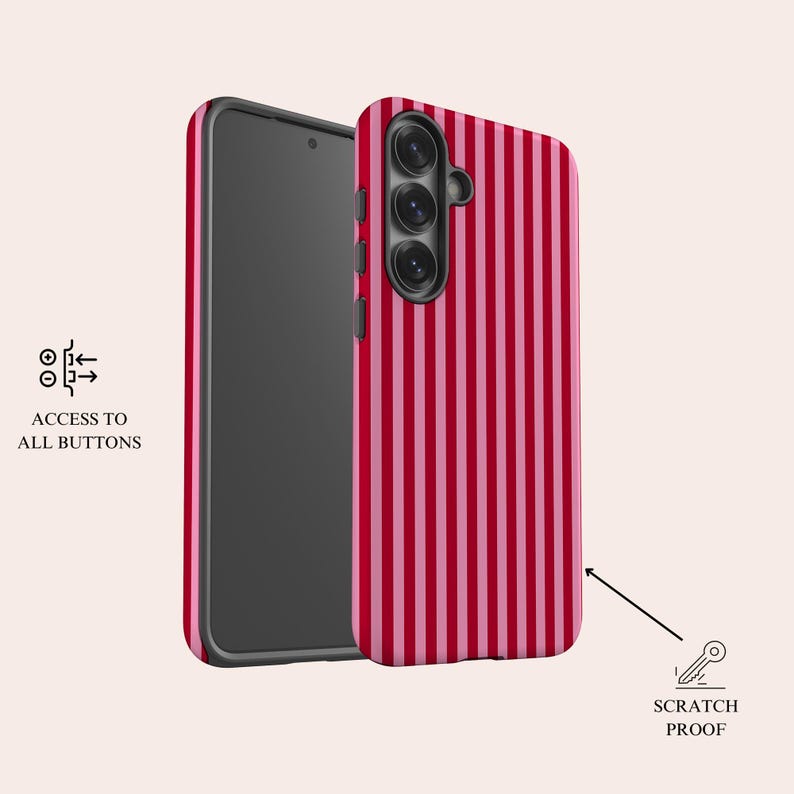 May include: A smartphone case featuring a vertical striped pattern in alternating shades of dark red and light pink. The case includes cutouts for the camera lenses and side buttons, with text labels reading ACCESS TO ALL BUTTONS and SCRATCH PROOF.