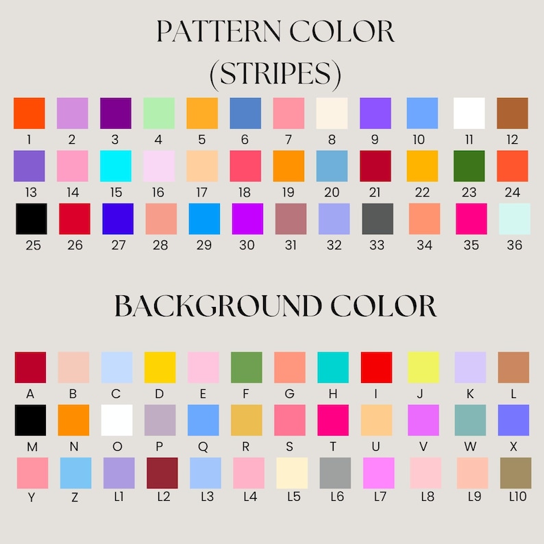 May include: A color chart displaying two sections labeled PATTERN COLOR (STRIPES) and BACKGROUND COLOR. The first section features 36 numbered squares in various hues, while the second section shows 36 lettered squares in a wide range of colors.
