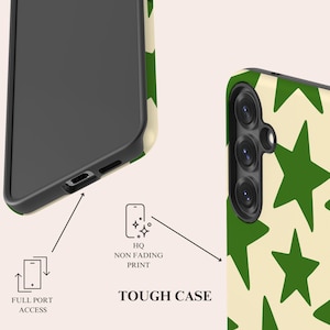 May include: A tough phone case featuring a cream background with a repeating pattern of dark green stars. The case includes cutouts for full port access and a high-quality non-fading print. The design shows the phone case from two angles.