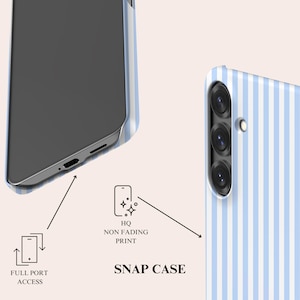May include: A light blue and white vertical striped phone snap case. The case features a triple camera cutout, a flash opening, and full port access. Text on the image includes FULL PORT ACCESS, HQ NON FADING PRINT, and SNAP CASE.