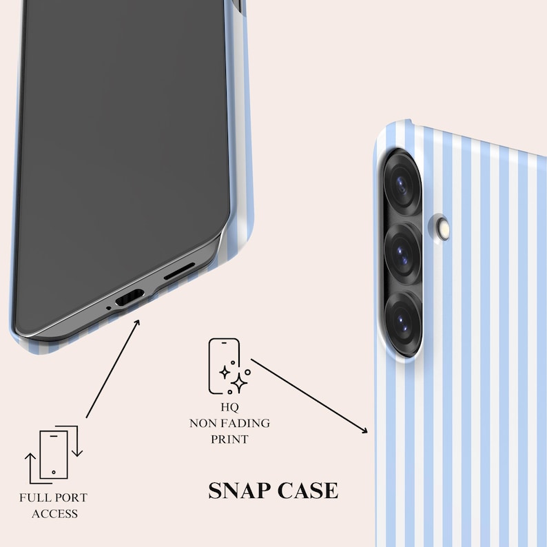May include: A light blue and white vertical striped phone snap case. The case features a triple camera cutout, a flash opening, and full port access. Text on the image includes FULL PORT ACCESS, HQ NON FADING PRINT, and SNAP CASE.