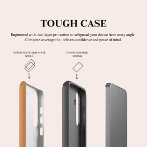 K&ouml;nnte beinhalten: Bild einer Handyh&uuml;lle mit dem Text "TOUGH CASE". Die H&uuml;lle wird in drei Teilen gezeigt: eine &auml;u&szlig;ere Polycarbonatschale, ein inneres Silikonfutter und ein Telefon. Die &auml;u&szlig;ere Schale ist hellbraun, das Futter ist schwarz und das Telefon ist silberfarben.