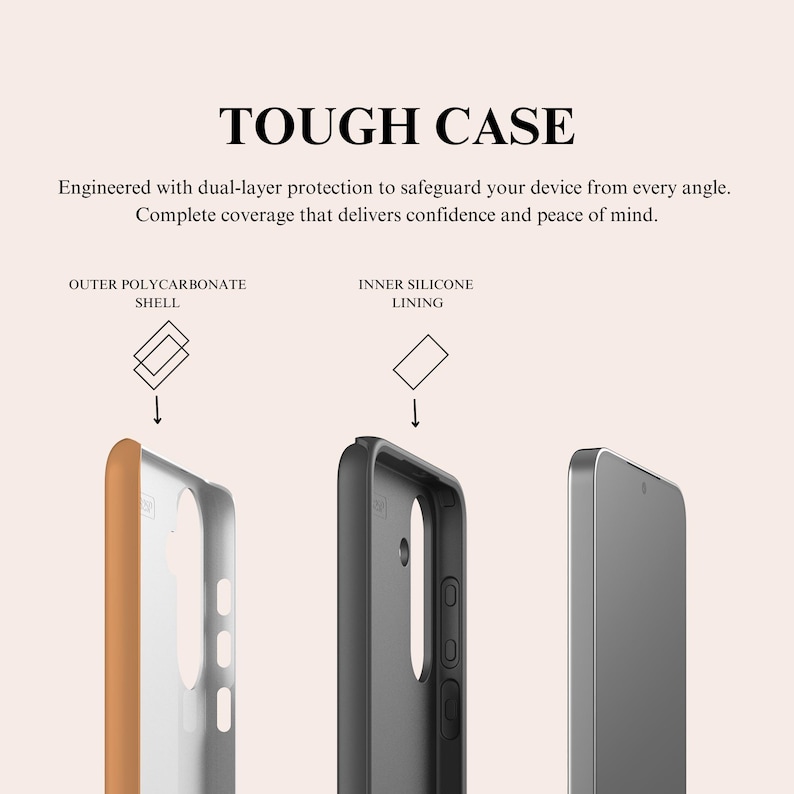 K&ouml;nnte beinhalten: Bild einer Handyh&uuml;lle mit dem Text "TOUGH CASE". Die H&uuml;lle wird in drei Teilen gezeigt: eine &auml;u&szlig;ere Polycarbonatschale, ein inneres Silikonfutter und ein Telefon. Die &auml;u&szlig;ere Schale ist hellbraun, das Futter ist schwarz und das Telefon ist silberfarben.