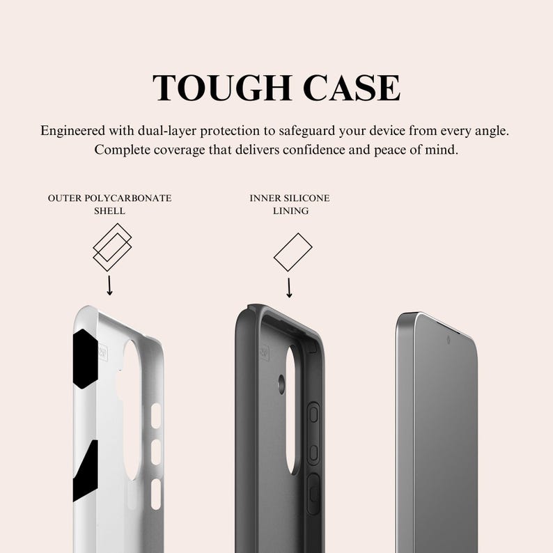 May include: A dual-layer phone case featuring an outer polycarbonate shell and an inner silicone lining. The text TOUGH CASE is displayed at the top, followed by the description: Engineered with dual-layer protection to safeguard your device from every angle. Complete coverage that delivers confidence and peace of mind.