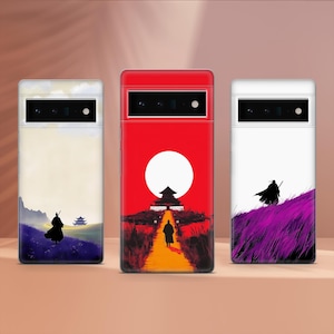 Puede incluir: Tres fundas para teléfono con diseños diferentes. La primera funda es blanca con un paisaje marrón claro y una silueta de una persona. La segunda funda es roja con una silueta de un edificio y una persona. La tercera funda es blanca con un paisaje morado y una silueta de una persona.