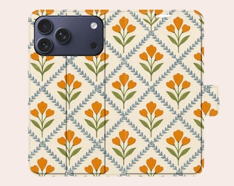 Vintage Bloom Phone Case Retro Orange Tulip Leather Wallet Phone Case for iPhone 18 Pro Max 17 16 Plus 13 Samsung S26 Ultra S25 S24 S23 S22