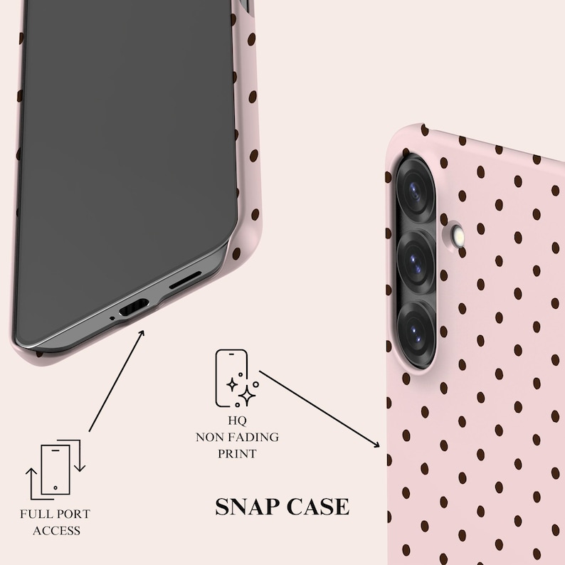 May include: A pink snap phone case with a repeating pattern of brown polka dots. The case features full port access and a non-fading print. The phone case is shown with a phone inside.