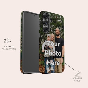 K&ouml;nnte beinhalten: Eine schwarze Handyh&uuml;lle mit einem Familienfoto und dem Text "Your Photo Here". Die H&uuml;lle ist kratzfest und erm&ouml;glicht den Zugriff auf alle Tasten. Das Telefon ist schwarz.