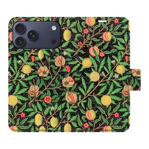 May include: A phone case with a botanical pattern on a black background. The design features green leaves, yellow lemons, and peaches in pink and orange. Small red flowers and brown branches complete the design.