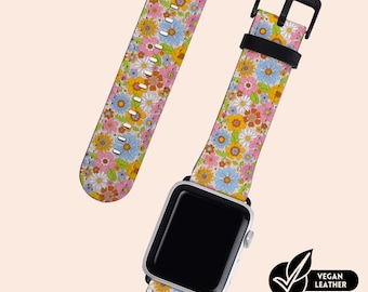 70s Hippie Flowers Watch Strap Fit For Apple Watch Series 1 2 3 4 5 6 7 8 9 10 11 SE Vegan H21 Leather Watch Band