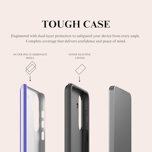 May include: A tough phone case featuring dual-layer protection with an outer polycarbonate shell and an inner silicone lining. The text TOUGH CASE is displayed at the top, followed by descriptive text about the device protection.