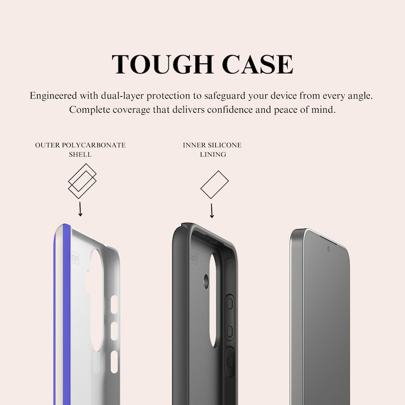 May include: A tough phone case featuring dual-layer protection with an outer polycarbonate shell and an inner silicone lining. The text TOUGH CASE is displayed at the top, followed by descriptive text about the device protection.