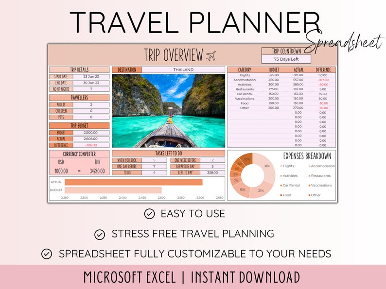 K&ouml;nnte beinhalten: Eine rosa und pfirsichfarbene Reiseplaner-Spreadsheet-Vorlage f&uuml;r Microsoft Excel. Die Tabelle enth&auml;lt Abschnitte f&uuml;r Reisedetails, Reise&uuml;bersicht, Reisecountdown, Aufgaben, die noch zu erledigen sind, Aufstellung der Ausgaben und W&auml;hrungsumrechner. Die Tabelle enth&auml;lt auch ein Foto eines Langboot-Bootes in einer tropischen Lagune.