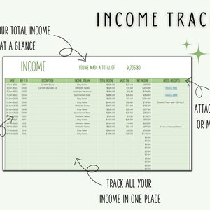 May include: A green and white printable income tracker spreadsheet with the title "Income Tracker" and the text "You've made a total of $4,705.80". The spreadsheet has columns for date, ref ID, description, income stream, total income, sales tax, net income, and notes/receipts. The spreadsheet is designed to help users track their income from various sources.