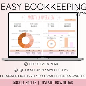 K&ouml;nnte beinhalten: Ein Laptop-Bildschirm zeigt eine Tabellenkalkulation mit einer monatlichen &Uuml;bersicht &uuml;ber Einnahmen, Ausgaben und Gewinn. Die Tabellenkalkulation tr&auml;gt den Titel "Easy Bookkeeping Spreadsheet" und enth&auml;lt ein Kreisdiagramm, das zeigt, wohin das Geld flie&szlig;t, ein Balkendiagramm, das die Gewinnmarge zeigt, und Tabellen mit Einnahmen, Nettoeinkommen, Ausgaben und Nettoa Ausgaben. Die Tabellenkalkulation ist f&uuml;r Kleinunternehmer konzipiert und steht zum sofortigen Download auf Google Sheets zur Verf&uuml;gung.