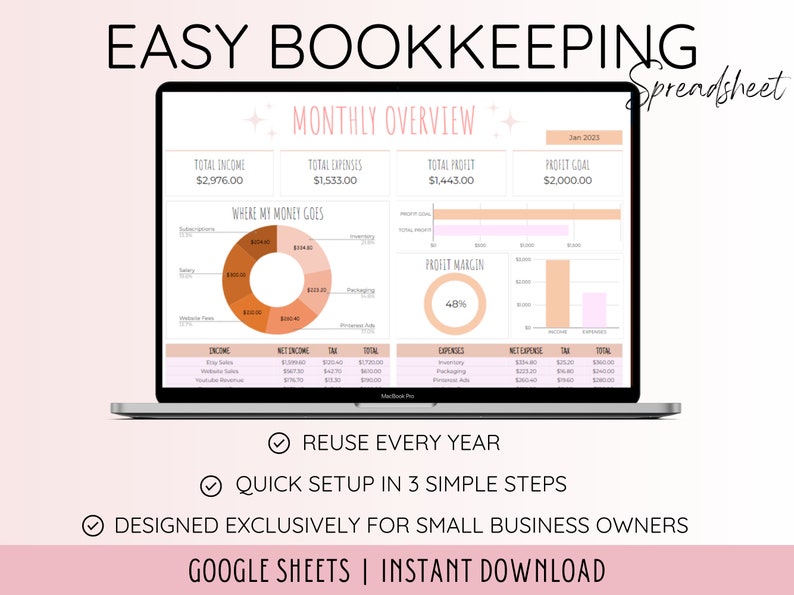 K&ouml;nnte beinhalten: Ein Laptop-Bildschirm zeigt eine Tabellenkalkulation mit einer monatlichen &Uuml;bersicht &uuml;ber Einnahmen, Ausgaben und Gewinn. Die Tabellenkalkulation tr&auml;gt den Titel "Easy Bookkeeping Spreadsheet" und enth&auml;lt ein Kreisdiagramm, das zeigt, wohin das Geld flie&szlig;t, ein Balkendiagramm, das die Gewinnmarge zeigt, und Tabellen mit Einnahmen, Nettoeinkommen, Ausgaben und Nettoa Ausgaben. Die Tabellenkalkulation ist f&uuml;r Kleinunternehmer konzipiert und steht zum sofortigen Download auf Google Sheets zur Verf&uuml;gung.