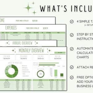 May include: A green and white digital spreadsheet template for tracking income and expenses. The template includes four tabs: Income, Expenses, Annual Overview, and Monthly Overview. The template also includes a pie chart showing where money goes, a bar chart showing profit goal, and a circle chart showing profit margin. The template is designed to help users track their finances and make better financial decisions. The text on the image says "What's Included" and lists the following features: 4 Simple Tabs (+ Setup Tab), Step by Step Instructions, Automated Calculations & Charts, Attach Receipts, Free Option to Add Your Business Logo.