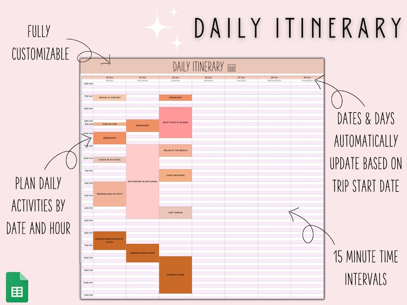 May include: A printable daily itinerary planner with a pink and orange color scheme. The planner has a grid layout with columns for dates and times, and rows for activities. The text "DAILY ITINERARY" is at the top of the planner. The planner is designed to help users plan their trips and activities.
