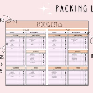May include: A printable packing list template with two columns for two travelers, Chelsie and Alex. The list includes categories for clothing, toiletries, technology, and other items. Each category has a column for item, quantity, and packed. The template is designed to be fully customizable for up to six travelers.