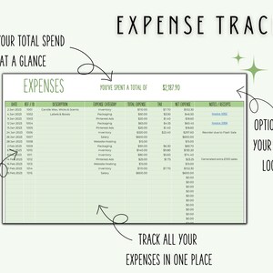 May include: A green and white printable expense tracker spreadsheet with the title "Expense Tracker" at the top. The spreadsheet includes columns for date, reference number, description, expense category, total expense, tax, net expense, and notes/receipts. The spreadsheet is designed to help users track their business expenses.