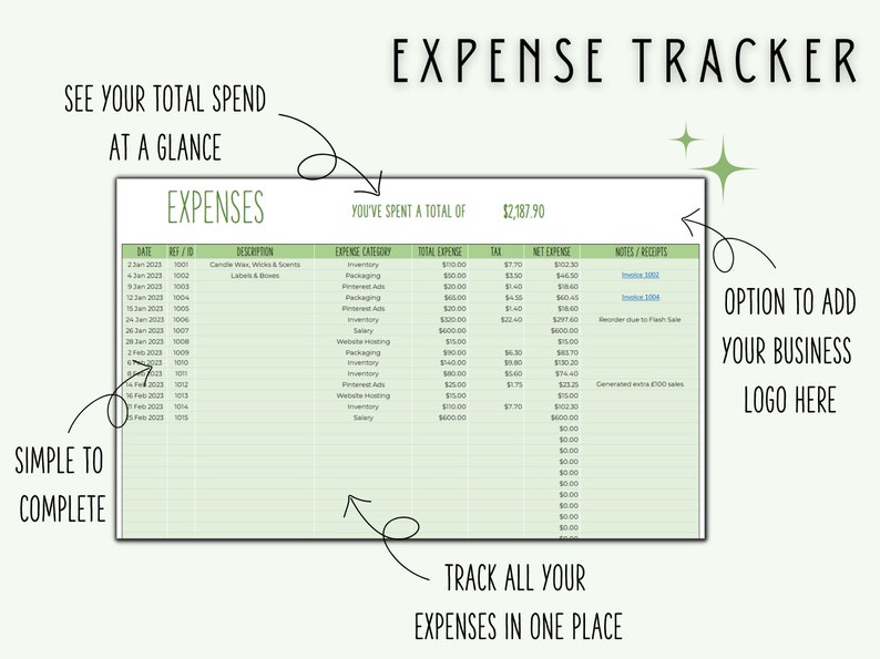 May include: A green and white printable expense tracker spreadsheet with the title "Expense Tracker" at the top. The spreadsheet includes columns for date, reference number, description, expense category, total expense, tax, net expense, and notes/receipts. The spreadsheet is designed to help users track their business expenses.