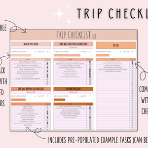 May include: A printable trip checklist with checkboxes for tasks to complete before, during, and after a trip. The checklist is divided into sections for "When You Book", "One Week Before Departure", "One Day Before Departure", "Departure Day", and "To Do".