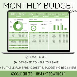 May include: A green and white monthly budget spreadsheet template displayed on a laptop screen. The spreadsheet includes sections for income, expenses, savings, and a budget vs actual chart. The text on the screen reads "Monthly Budget" and "Spreadsheet".