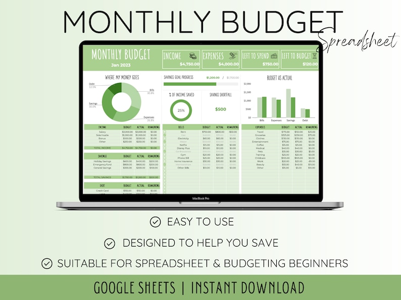 May include: A green and white monthly budget spreadsheet template displayed on a laptop screen. The spreadsheet includes sections for income, expenses, savings, and a budget vs actual chart. The text on the screen reads "Monthly Budget" and "Spreadsheet".