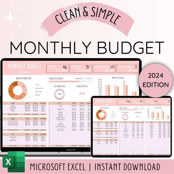 Monthly Budget Spreadsheet | Excel Budget Template Excel | Budget Planner | Paycheck Budget | Expense Tracker | Excel Monthly Budget Excel