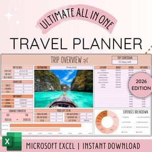 Planificador de viajes Planificador de viajes digital para itinerario de viaje Planificador de vacaciones digital Itinerario de vacaciones Organizador de viajes Presupuesto de viaje Excel