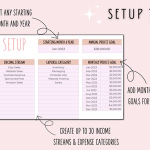 K&ouml;nnte beinhalten: Ein rosa-wei&szlig;es, druckbares Arbeitsblatt mit dem Titel "SETUP TAB" und dem Text "INPUT ANY STARTING MONTH AND YEAR". Das Arbeitsblatt ist in drei Abschnitte unterteilt: "INCOME STREAM", "EXPENSE CATEGORY" und "MONTHLY PROFIT GOAL". Das Arbeitsblatt enth&auml;lt einen Abschnitt zum Eingeben des Startmonats und -jahres sowie des j&auml;hrlichen Gewinnziels. Das Arbeitsblatt enth&auml;lt auch einen Abschnitt zum Auflisten von Einkommensstr&ouml;men, Ausgabenkategorien und monatlichen Gewinnzielen.