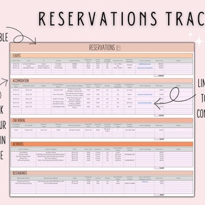 K&ouml;nnte beinhalten: Eine druckbare Tabellenvorlage zum Verfolgen von Reisebuchungen. Die Tabelle ist in Abschnitte f&uuml;r Fl&uuml;ge, Unterk&uuml;nfte, Mietwagen, Aktivit&auml;ten und Restaurants unterteilt. Jeder Abschnitt enth&auml;lt Spalten f&uuml;r Datum, Uhrzeit, Ort, Kosten und einen Link zur Buchungsbest&auml;tigung. Die Tabelle ist mit "Reservations Tracker" beschriftet und vollst&auml;ndig anpassbar.