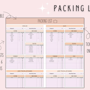 K&ouml;nnte beinhalten: Eine druckbare Packliste mit einem rosa- und pfirsichfarbenen Farbschema. Die Vorlage ist f&uuml;r bis zu sechs Reisende konzipiert und enth&auml;lt Abschnitte f&uuml;r Kleidung, Toilettenartikel, Technologie und andere Gegenst&auml;nde. Die Vorlage enth&auml;lt auch einen Abschnitt f&uuml;r Handgep&auml;ck und ein Ankreuzfeld f&uuml;r jeden Artikel.