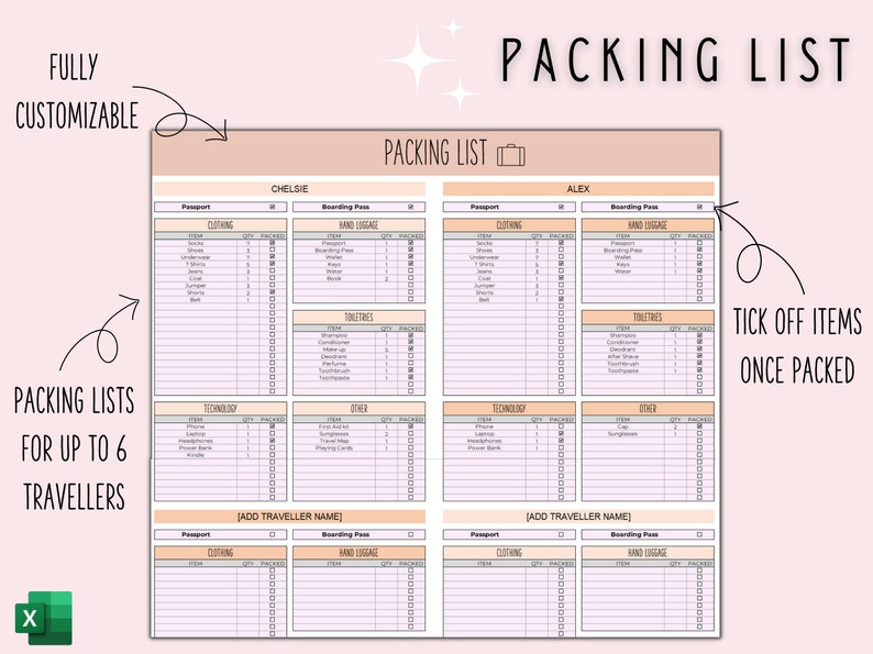 K&ouml;nnte beinhalten: Eine druckbare Packliste mit einem rosa- und pfirsichfarbenen Farbschema. Die Vorlage ist f&uuml;r bis zu sechs Reisende konzipiert und enth&auml;lt Abschnitte f&uuml;r Kleidung, Toilettenartikel, Technologie und andere Gegenst&auml;nde. Die Vorlage enth&auml;lt auch einen Abschnitt f&uuml;r Handgep&auml;ck und ein Ankreuzfeld f&uuml;r jeden Artikel.