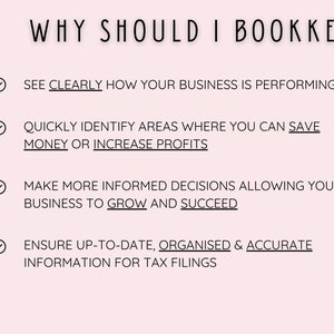 K&ouml;nnte beinhalten: Ein rosa Hintergrund mit einem wei&szlig;en H&auml;kchen und dem Text "WHY SHOULD I BOOKKEEP?" gefolgt von vier Aufz&auml;hlungspunkten mit H&auml;kchen und dem Text: "SEE CLEARLY HOW YOUR BUSINESS IS PERFORMING", "QUICKLY IDENTIFY AREAS WHERE YOU CAN SAVE MONEY OR INCREASE PROFITS", "MAKE MORE INFORMED DECISIONS ALLOWING YOUR BUSINESS TO GROW AND SUCCEED", und "ENSURE UP-TO-DATE, ORGANISED & ACCURATE INFORMATION FOR TAX FILINGS".