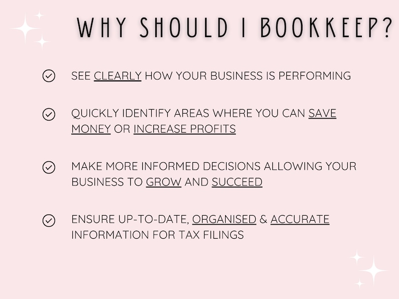 K&ouml;nnte beinhalten: Ein rosa Hintergrund mit einem wei&szlig;en H&auml;kchen und dem Text "WHY SHOULD I BOOKKEEP?" gefolgt von vier Aufz&auml;hlungspunkten mit H&auml;kchen und dem Text: "SEE CLEARLY HOW YOUR BUSINESS IS PERFORMING", "QUICKLY IDENTIFY AREAS WHERE YOU CAN SAVE MONEY OR INCREASE PROFITS", "MAKE MORE INFORMED DECISIONS ALLOWING YOUR BUSINESS TO GROW AND SUCCEED", und "ENSURE UP-TO-DATE, ORGANISED & ACCURATE INFORMATION FOR TAX FILINGS".