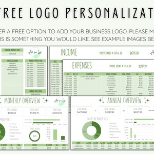 May include: A green and white printable budget spreadsheet template with a monthly overview, income, expenses, and annual overview. The template includes a section for adding a logo and has the text "Add your logo" in a circle.