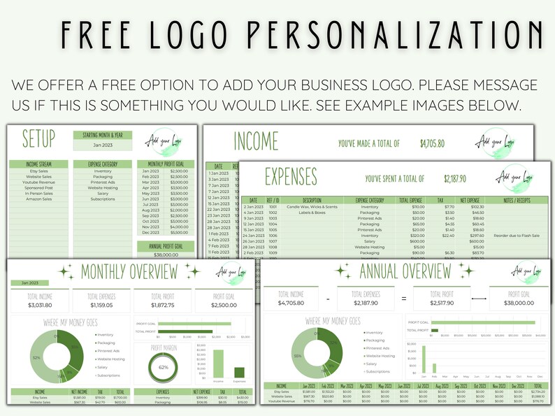 May include: A green and white printable budget spreadsheet template with a monthly overview, income, expenses, and annual overview. The template includes a section for adding a logo and has the text "Add your logo" in a circle.