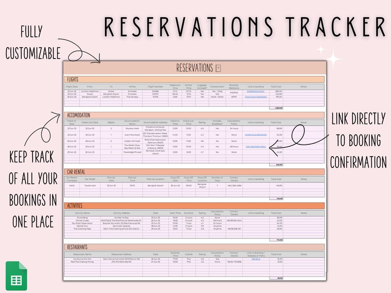 May include: A printable spreadsheet template for tracking travel reservations. The spreadsheet is divided into sections for flights, accommodation, car rental, activities, and restaurants. Each section has columns for date, time, location, cost, and a link to the booking confirmation. The template is fully customizable and allows you to keep track of all your travel bookings in one place.