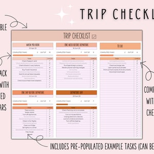 K&ouml;nnte beinhalten: Eine druckbare Reise-Checkliste mit einem Pfirsichhintergrund und rosa Linien. Die Checkliste ist in Abschnitte f&uuml;r "Bei der Buchung", "Eine Woche vor der Abreise", "Einen Tag vor der Abreise", "Abreisetag" und "Zu erledigen" unterteilt. Jeder Abschnitt enth&auml;lt eine Liste von Aufgaben mit Kontrollk&auml;stchen daneben. Die Checkliste ist vollst&auml;ndig anpassbar und enth&auml;lt vorab ausgef&uuml;llte Beispielaufgaben, die gel&ouml;scht werden k&ouml;nnen.