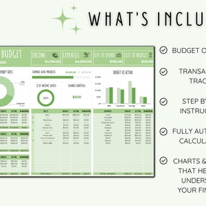 May include: A green and white printable budget planner with a monthly budget sheet, a pie chart showing where money goes, a bar graph showing budget vs actual, and a list of bills and expenses. The planner includes a budget overview, transactions tracker, step-by-step instructions, fully automated calculations, and charts and graphs that help you understand your finances.