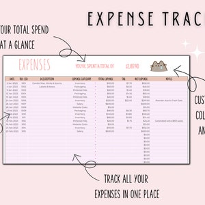 K&ouml;nnte beinhalten: Eine rosa und wei&szlig;e druckbare Ausgaben-Tracker-Tabelle mit einer Cartoon-Katzenillustration. Die Tabelle enth&auml;lt Spalten f&uuml;r Datum, Referenznummer, Beschreibung, Ausgabenkategorie, Gesamtausgaben, Steuern, Nettoausgaben und Notizen. Der Text "Sie haben insgesamt 2.187,90 &euro; ausgegeben" befindet sich oben in der Tabelle.