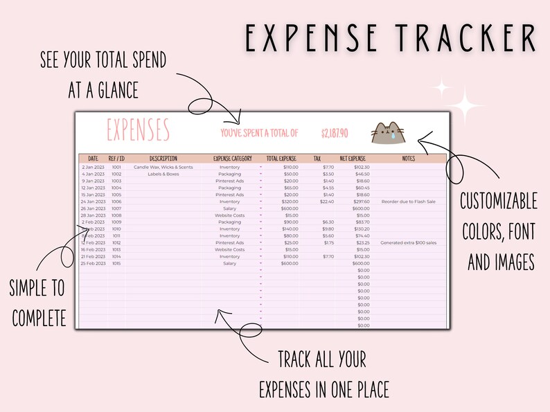 K&ouml;nnte beinhalten: Eine rosa und wei&szlig;e druckbare Ausgaben-Tracker-Tabelle mit einer Cartoon-Katzenillustration. Die Tabelle enth&auml;lt Spalten f&uuml;r Datum, Referenznummer, Beschreibung, Ausgabenkategorie, Gesamtausgaben, Steuern, Nettoausgaben und Notizen. Der Text "Sie haben insgesamt 2.187,90 &euro; ausgegeben" befindet sich oben in der Tabelle.