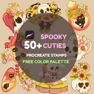 Pode incluir: Ilustrações em estilo cartoon com caveiras, flores e elementos assustadores. A imagem inclui o texto "Spooky Cuties" e "Procreate Stamps". Uma paleta de cores gratuita também está incluída.