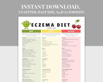 Ekzem Diet Lebensmittelliste zum ausdrucken, PDF, A4, A5, US Letter, halbe Größe, Anleitung zur entzündungshemmenden Hautheilung, Allergiediät