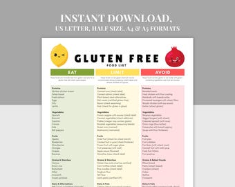 Afdrukbaar glutenvrije voedsellijst, voedingsschema pdf, A4, A5, US Letter, coeliakie- en tarwevrije dieetgids, glutenintolerantie pantry voedselgids