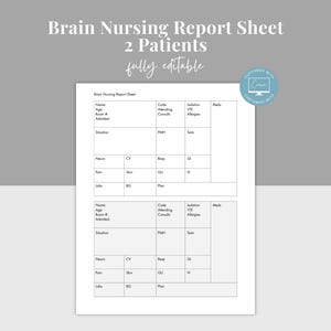2 Patients Simple Brain Nursing Report Sheet, ICU Nursing Hand-off Report, Patient Report for New Grad, Med Surg RN Patient Form, Canva form