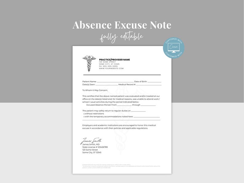 Doctor's Excuse Note Template, Editable Dr Note for Work & School