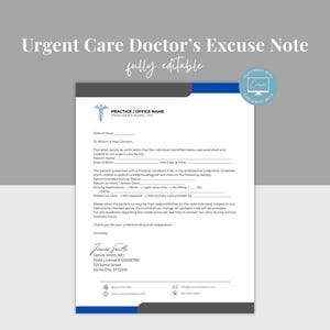 Plantilla de justificante médico para atención de urgencias, justificante médico editable para el trabajo y la escuela, carta de justificante médico, editable en Canva, nota con firma