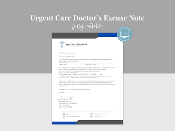 健康・医学 year note 2027 Urgent Care Doctor's Excuse Note Template, Editable Dr Note for